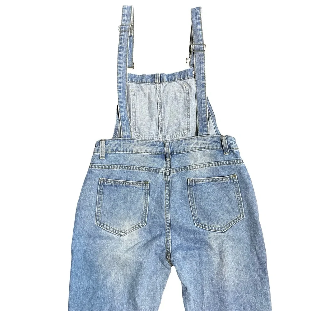 Blue Denim Overalls Bibs Size Small Cotton Blend Distressed Ripped Straight Leg